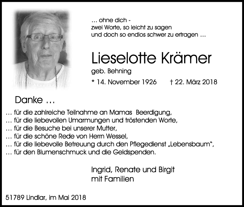  Traueranzeige für Lieselotte Krämer vom 12.05.2018 aus Kölner Stadt-Anzeiger / Kölnische Rundschau / Express