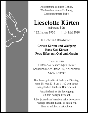 Anzeige von Lieselotte Kürten von Kölner Stadt-Anzeiger / Kölnische Rundschau / Express
