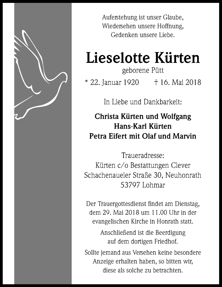  Traueranzeige für Lieselotte Kürten vom 26.05.2018 aus Kölner Stadt-Anzeiger / Kölnische Rundschau / Express