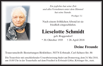 Anzeige von Lieselotte Schmidt von  Werbepost 