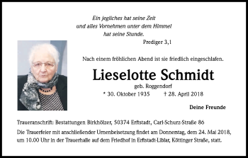 Anzeige von Lieselotte Schmidt von Kölner Stadt-Anzeiger / Kölnische Rundschau / Express