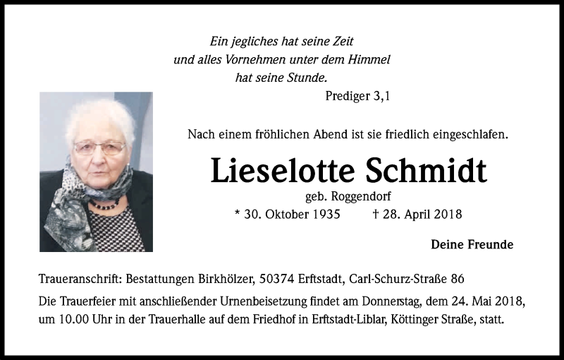  Traueranzeige für Lieselotte Schmidt vom 19.05.2018 aus Kölner Stadt-Anzeiger / Kölnische Rundschau / Express