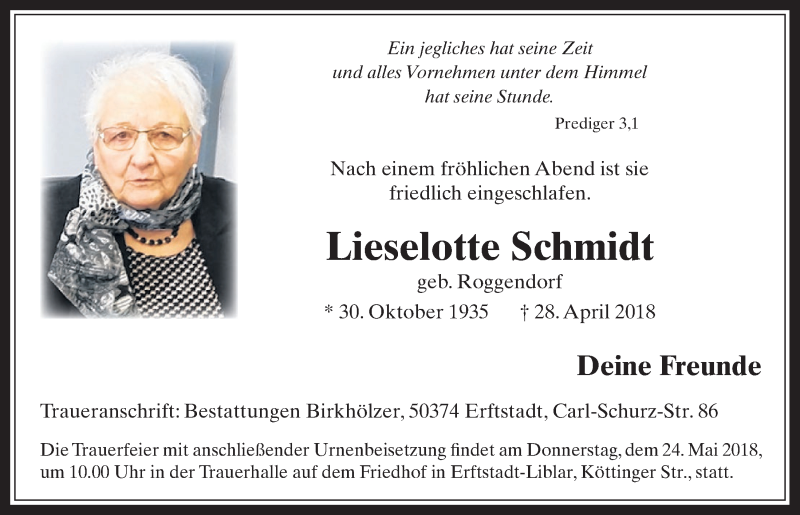  Traueranzeige für Lieselotte Schmidt vom 16.05.2018 aus  Werbepost 