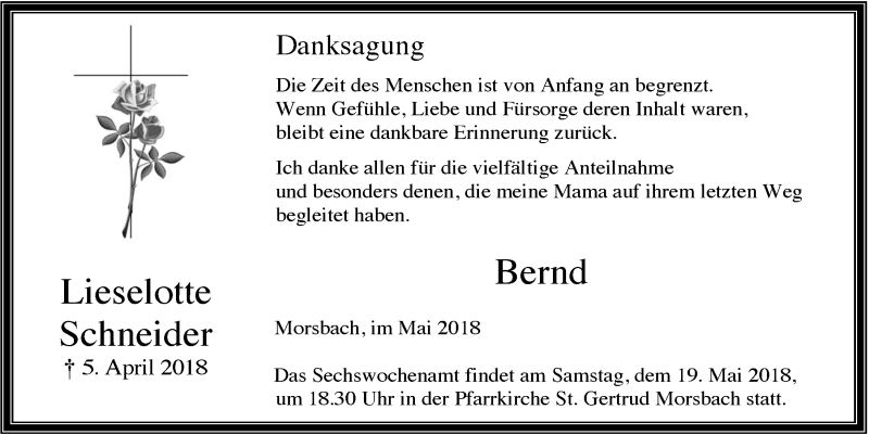  Traueranzeige für Lieselotte Schneider vom 16.05.2018 aus  Lokalanzeiger 