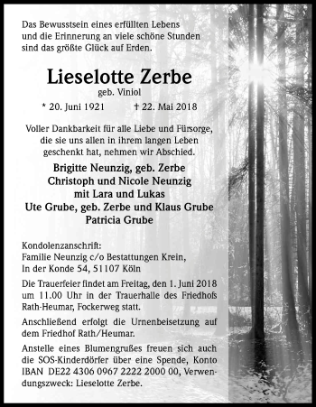 Anzeige von Lieselotte Zerbe von Kölner Stadt-Anzeiger / Kölnische Rundschau / Express