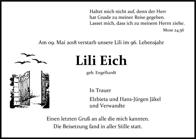  Traueranzeige für Lili Eich vom 26.05.2018 aus Kölner Stadt-Anzeiger / Kölnische Rundschau / Express