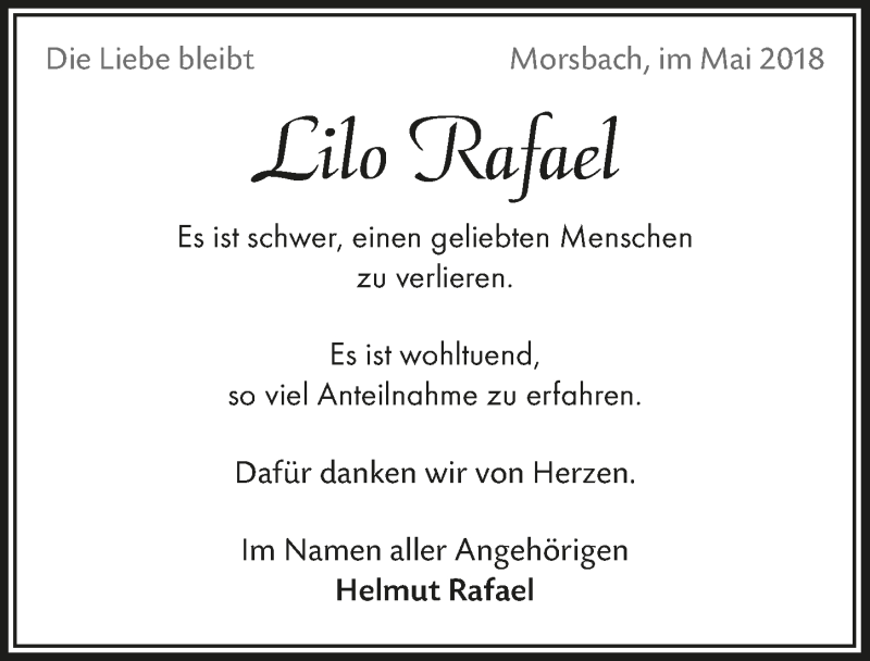  Traueranzeige für Lilo Rafael vom 02.05.2018 aus  Lokalanzeiger 