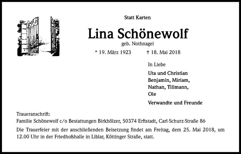  Traueranzeige für Lina Schönewolf vom 24.05.2018 aus Kölner Stadt-Anzeiger / Kölnische Rundschau / Express
