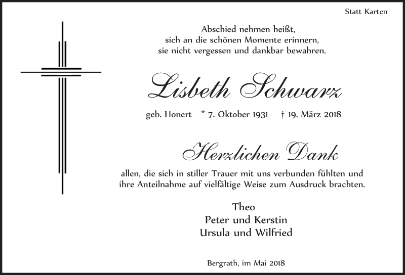 Traueranzeige für Lisbeth Schwarz vom 05.05.2018 aus  Blickpunkt Euskirchen 