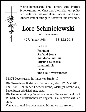 Anzeige von Lore Schmielewski von Kölner Stadt-Anzeiger / Kölnische Rundschau / Express