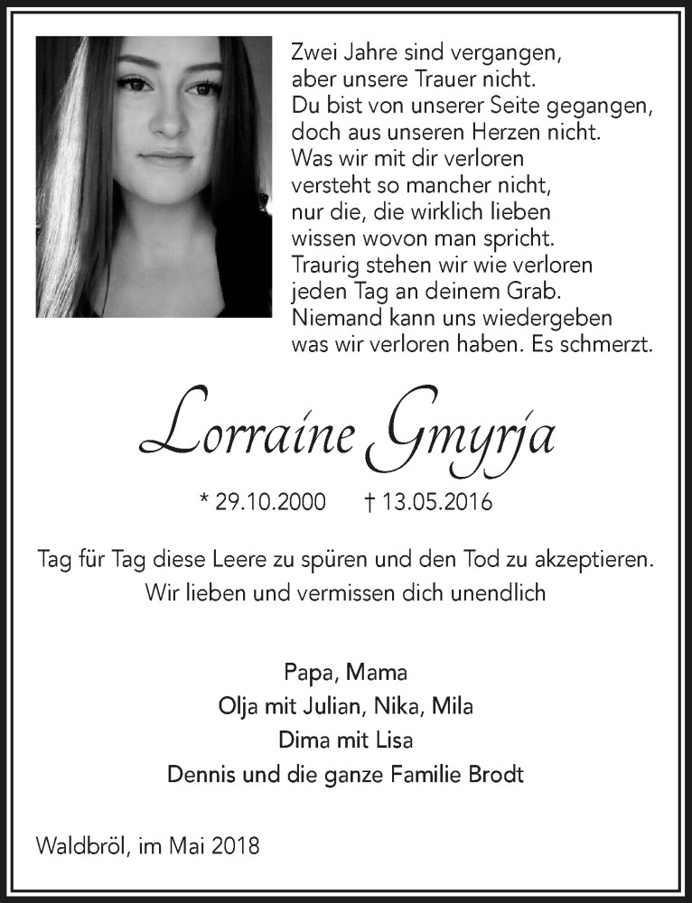  Traueranzeige für Lorraine Gmyrja vom 09.05.2018 aus  Lokalanzeiger 