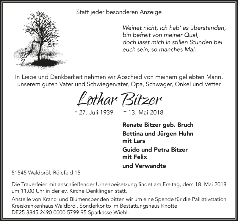  Traueranzeige für Lothar Bitzer vom 16.05.2018 aus  Lokalanzeiger 