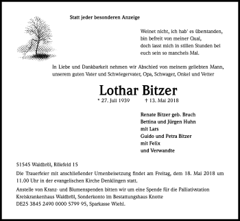 Anzeige von Lothar Bitzer von Kölner Stadt-Anzeiger / Kölnische Rundschau / Express