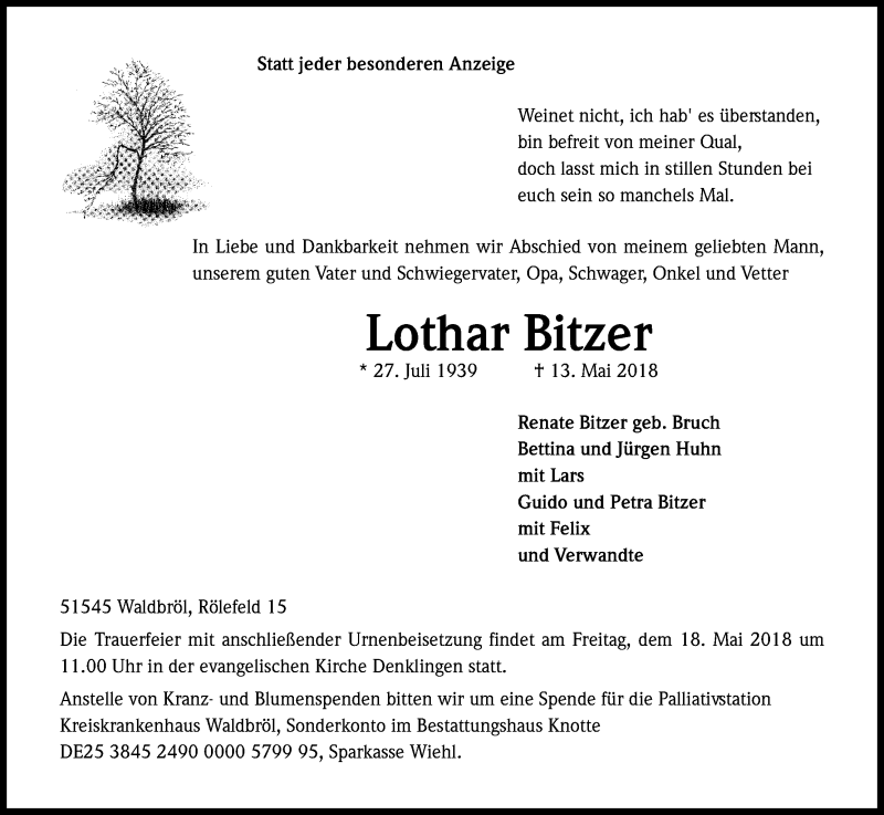  Traueranzeige für Lothar Bitzer vom 15.05.2018 aus Kölner Stadt-Anzeiger / Kölnische Rundschau / Express