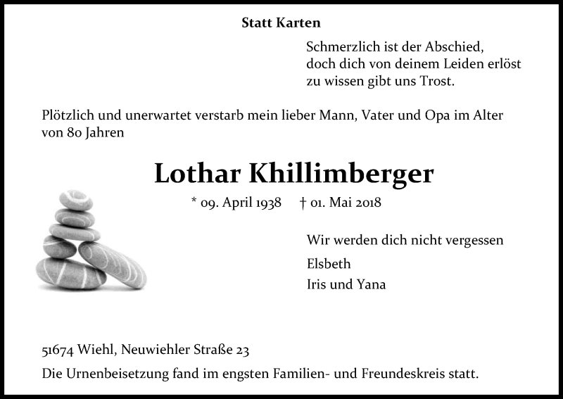  Traueranzeige für Lothar Khillimberger vom 12.05.2018 aus Kölner Stadt-Anzeiger / Kölnische Rundschau / Express