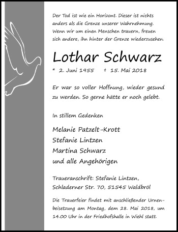 Anzeige von Lothar Schwarz von  Anzeigen Echo  Lokalanzeiger 