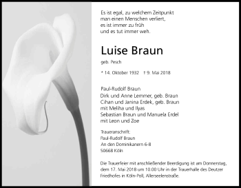 Anzeige von Luise Braun von Kölner Stadt-Anzeiger / Kölnische Rundschau / Express