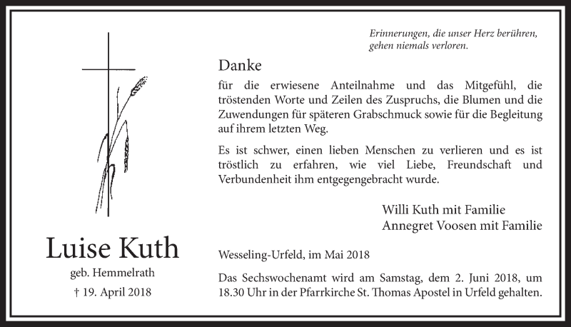  Traueranzeige für Luise Kuth vom 23.05.2018 aus  Schlossbote/Werbekurier 