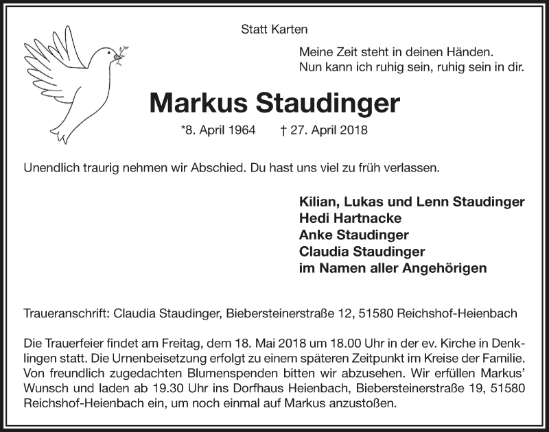  Traueranzeige für MArikus Staudinger vom 09.05.2018 aus  Anzeigen Echo  Lokalanzeiger 