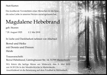 Anzeige von Magdalene Hebebrand von Kölner Stadt-Anzeiger / Kölnische Rundschau / Express
