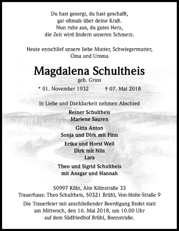 Anzeige von Magdalene Schultheis von Kölner Stadt-Anzeiger / Kölnische Rundschau / Express