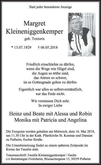 Anzeige von Magret Kleineniggenkemper von  Sonntags-Post 