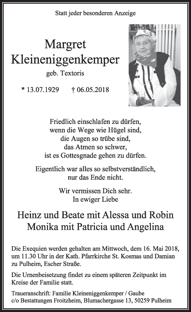  Traueranzeige für Magret Kleineniggenkemper vom 12.05.2018 aus  Sonntags-Post 