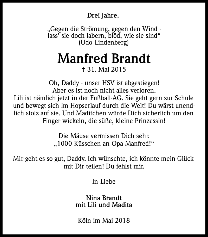  Traueranzeige für Manfred Brandt vom 31.05.2018 aus Kölner Stadt-Anzeiger / Kölnische Rundschau / Express