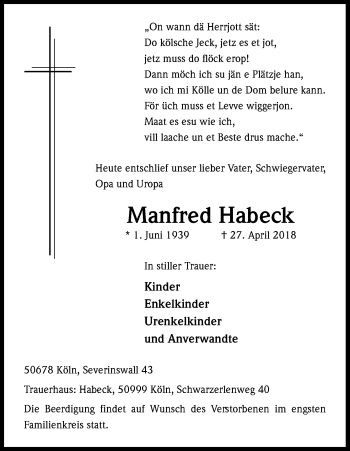 Anzeige von Manfred Habeck von Kölner Stadt-Anzeiger / Kölnische Rundschau / Express