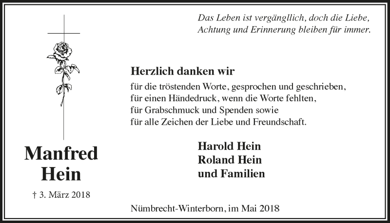  Traueranzeige für Manfred Hein vom 23.05.2018 aus  Lokalanzeiger 