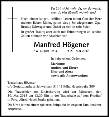 Anzeige von Manfred Högener von Kölner Stadt-Anzeiger / Kölnische Rundschau / Express