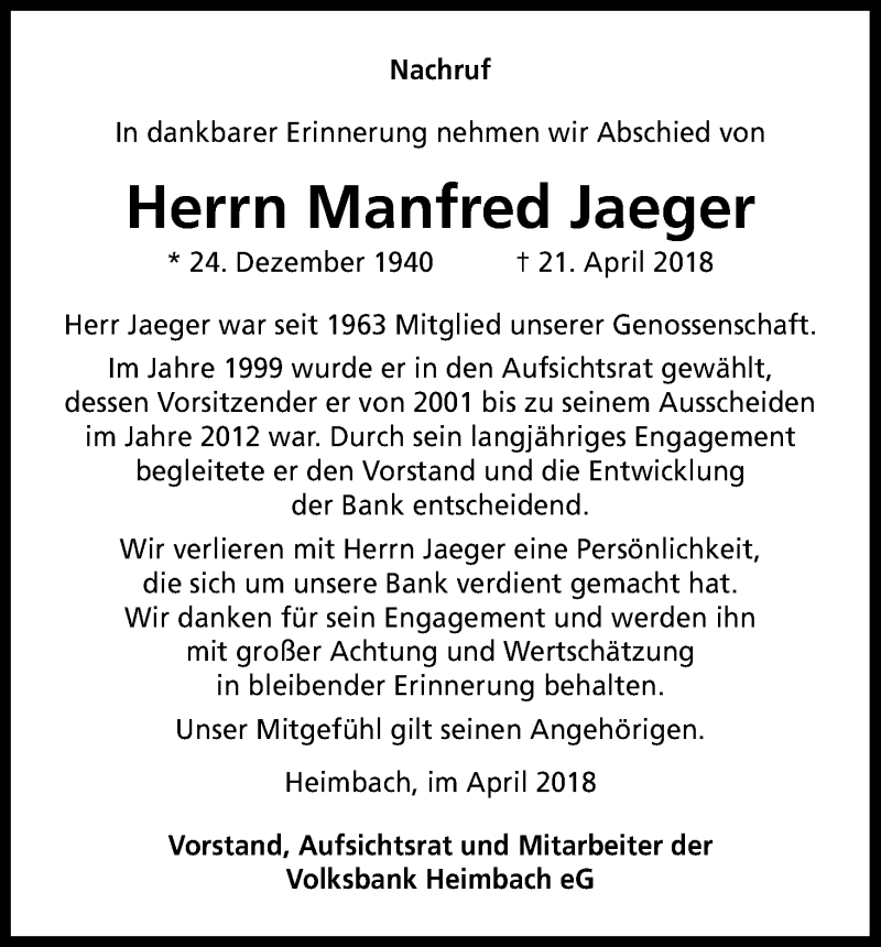  Traueranzeige für Manfred Jaeger vom 05.05.2018 aus Kölner Stadt-Anzeiger / Kölnische Rundschau / Express