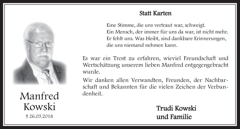  Traueranzeige für Manfred Kowski vom 02.05.2018 aus  Werbepost 