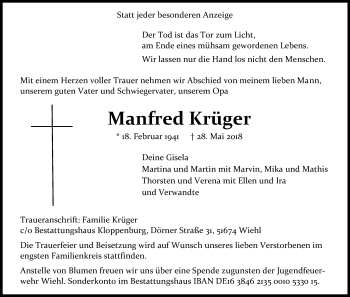 Anzeige von Manfred Krüger von Kölner Stadt-Anzeiger / Kölnische Rundschau / Express