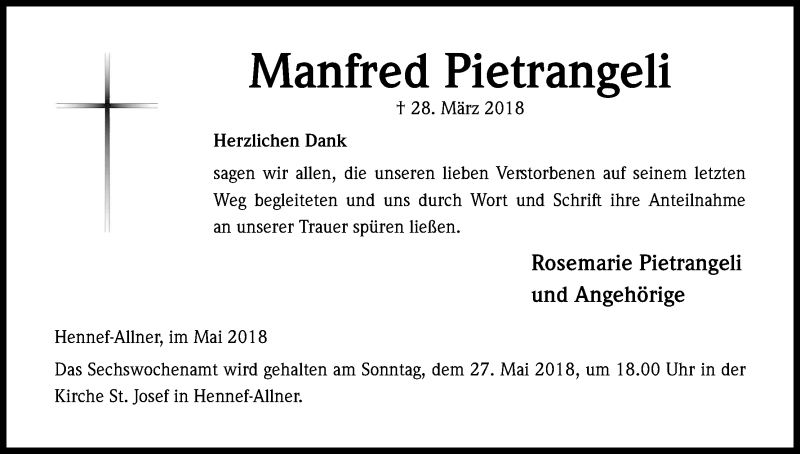  Traueranzeige für Manfred Pietrangeli vom 19.05.2018 aus Kölner Stadt-Anzeiger / Kölnische Rundschau / Express