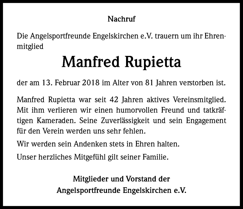  Traueranzeige für Manfred Rupietta vom 19.05.2018 aus Kölner Stadt-Anzeiger / Kölnische Rundschau / Express