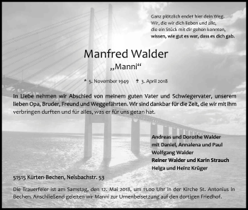 Anzeige von Manfred Walder von Kölner Stadt-Anzeiger / Kölnische Rundschau / Express