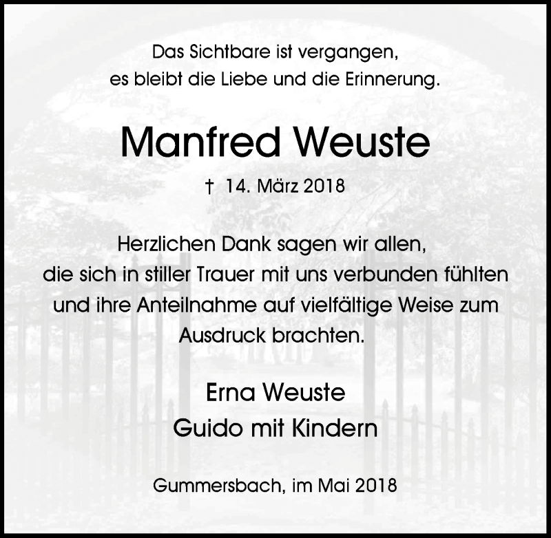  Traueranzeige für Manfred Weuste vom 09.05.2018 aus  Anzeigen Echo 