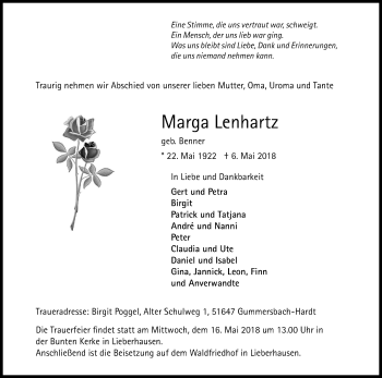Anzeige von Marga Lenhartz von Kölner Stadt-Anzeiger / Kölnische Rundschau / Express