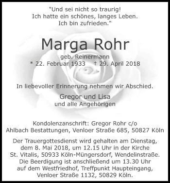 Anzeige von Marga Rohr von Kölner Stadt-Anzeiger / Kölnische Rundschau / Express