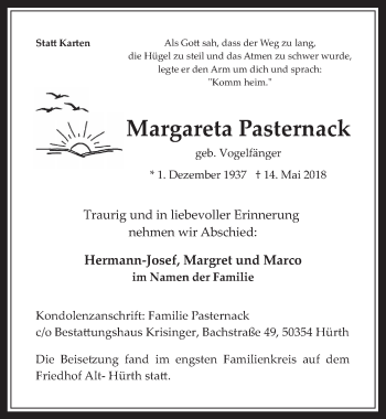 Anzeige von Margareta Pasternack von  Wochenende 