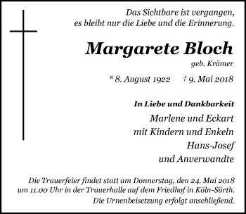 Anzeige von Margarete Bloch von  Kölner Wochenspiegel 