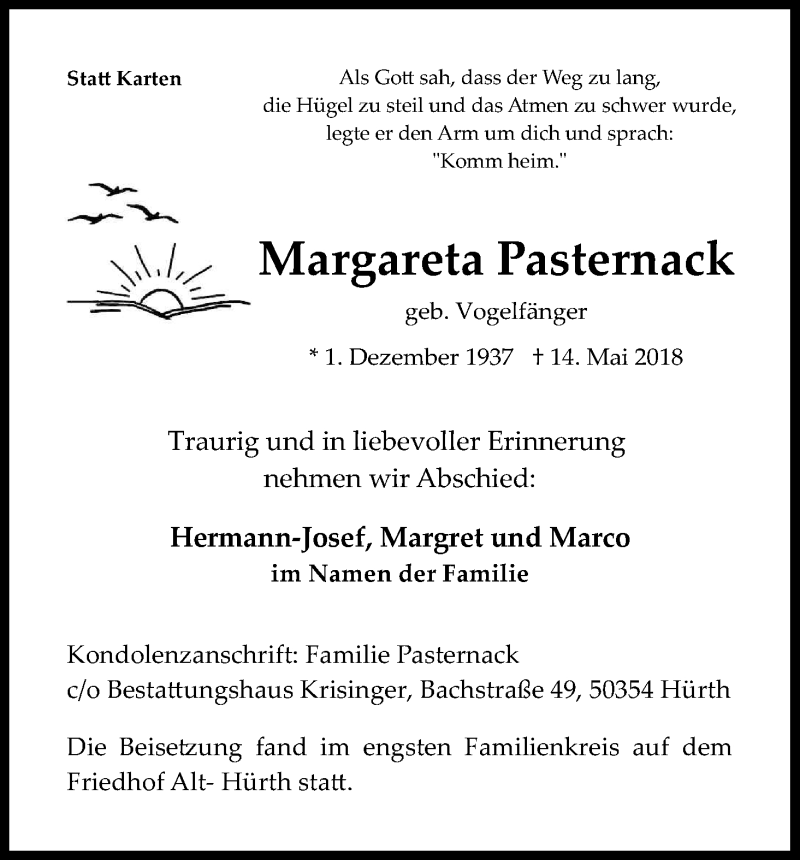  Traueranzeige für Margarete Pasternack vom 30.05.2018 aus Kölner Stadt-Anzeiger / Kölnische Rundschau / Express