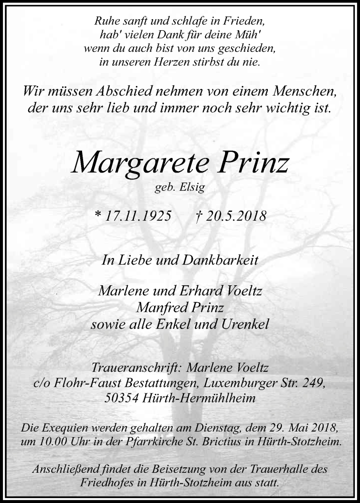  Traueranzeige für Margarete Prinz vom 26.05.2018 aus Kölner Stadt-Anzeiger / Kölnische Rundschau / Express