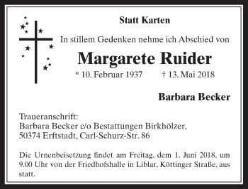 Anzeige von Margarete Ruider von  Werbepost 