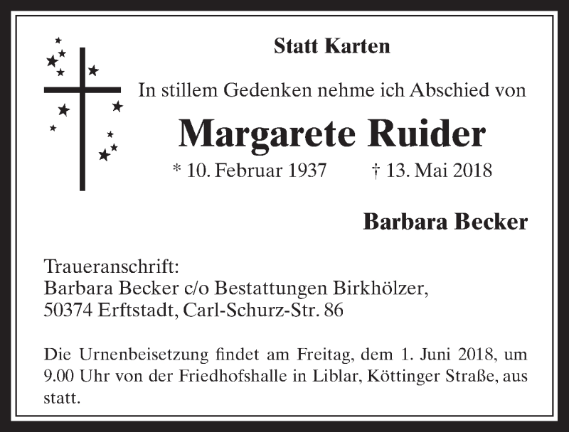  Traueranzeige für Margarete Ruider vom 30.05.2018 aus  Werbepost 