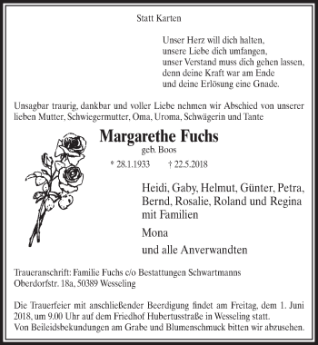 Anzeige von Margarethe Fuchs von  Schlossbote/Werbekurier 