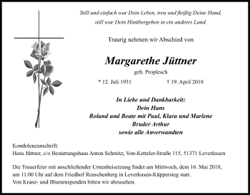 Anzeige von Margarethe Jüttner von Kölner Stadt-Anzeiger / Kölnische Rundschau / Express