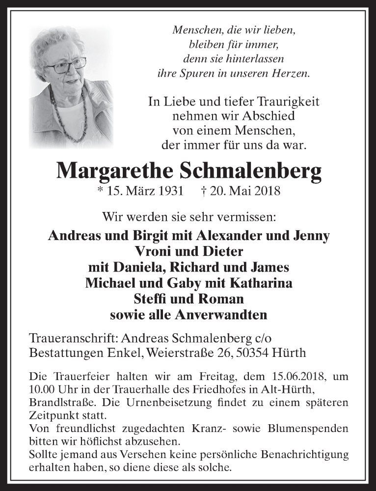  Traueranzeige für Margarethe Schmalenberg vom 30.05.2018 aus  Wochenende 