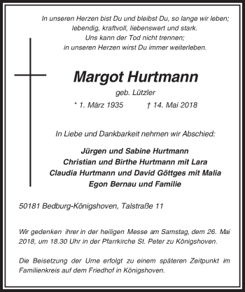 Anzeige von Margot Hurtmann von  Sonntags-Post 